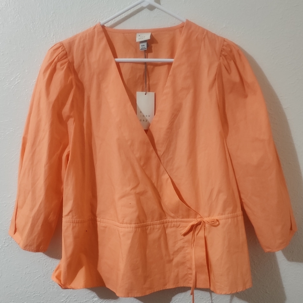 A New Day Bright Orange Faux Wrap Blouse Size XXL NWT